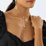 Top 18K Gold Wheat Chain Pearl Necklace Bracelet Earrings Bundle Set 18k Women's | Tarnish-Free, Waterproof, Hypoallergenic, Sustainable, High Quality 