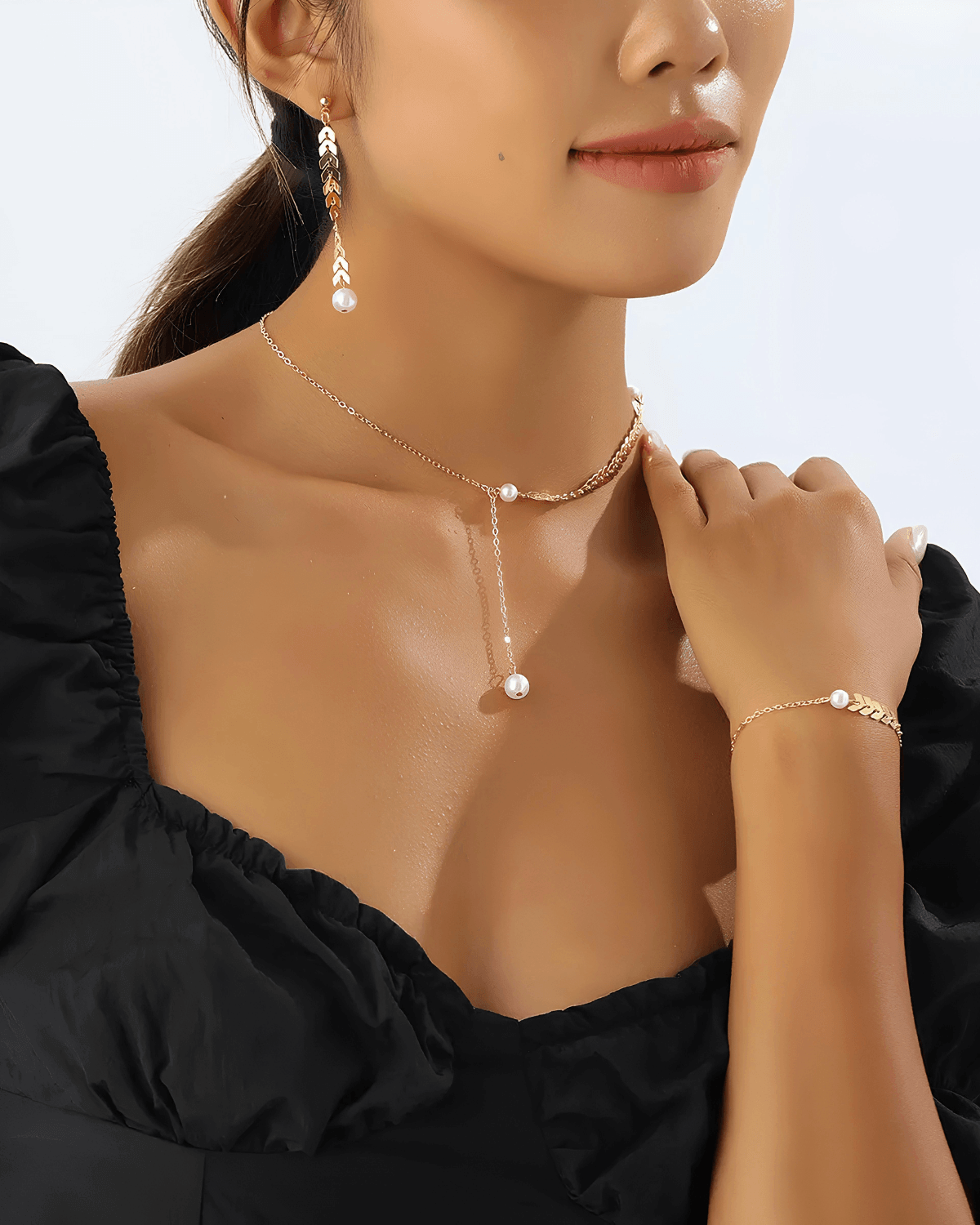 Top 18K Gold Wheat Chain Pearl Necklace Bracelet Earrings Bundle Set 18k Women's | Tarnish-Free, Waterproof, Hypoallergenic, Sustainable, High Quality 
