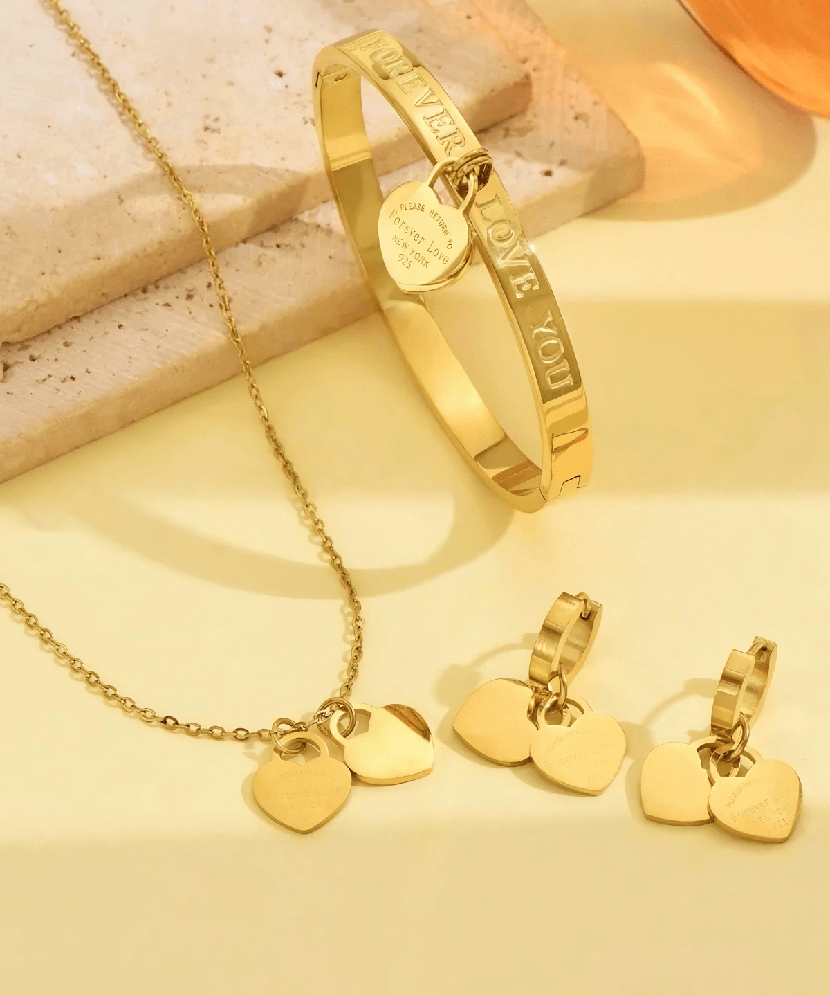 Top Gold Heart Necklace Bracelet Earrings Bundle Set