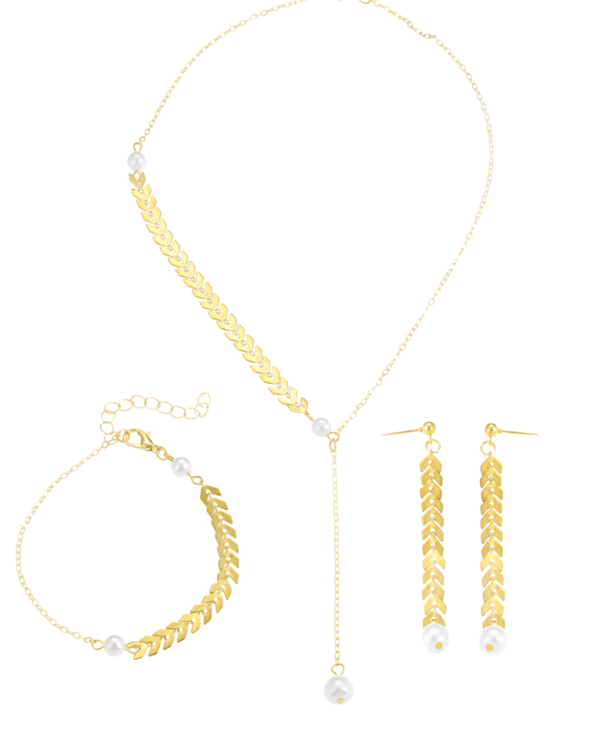 Trending 18K Gold Wheat Chain Pearl Necklace Bracelet Earrings Bundle Set 18k Women's | Tarnish-Free, Waterproof, Hypoallergenic, Sustainable, High Quality 