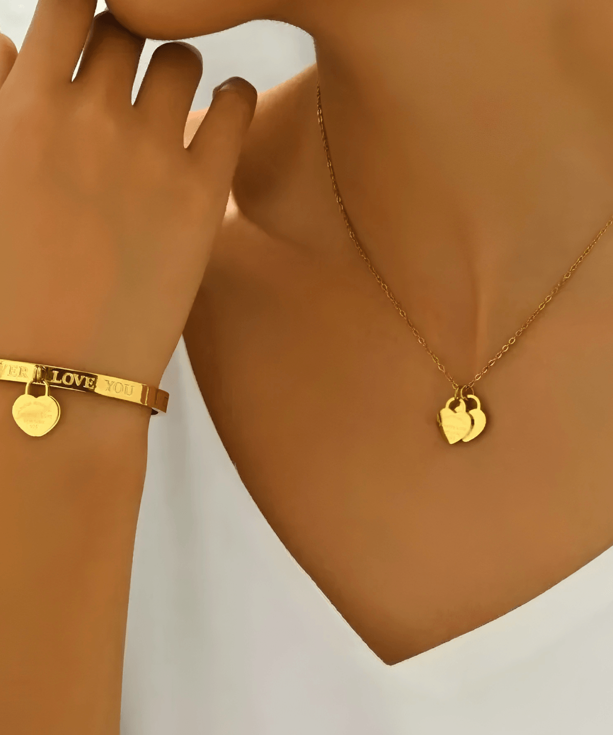 Women's Gold Heart Necklace Bracelet Earrings Bundle Set