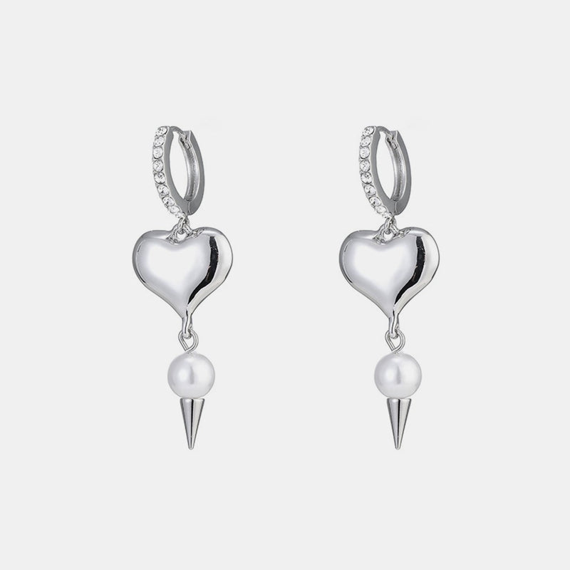 Diamond Pearl Silver Heart Drop Earrings