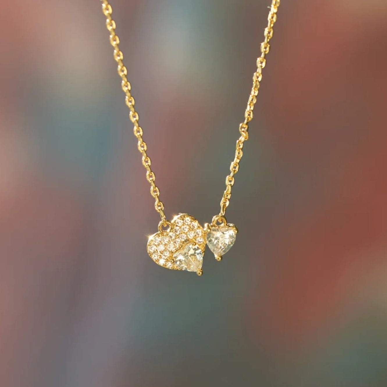 Gold Diamond Double Heart Pendant Necklace
