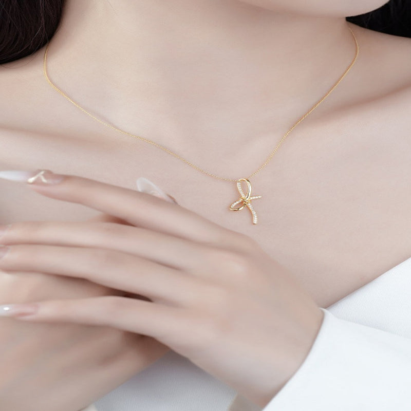 Gold Diamond Bow Pendant Necklace
