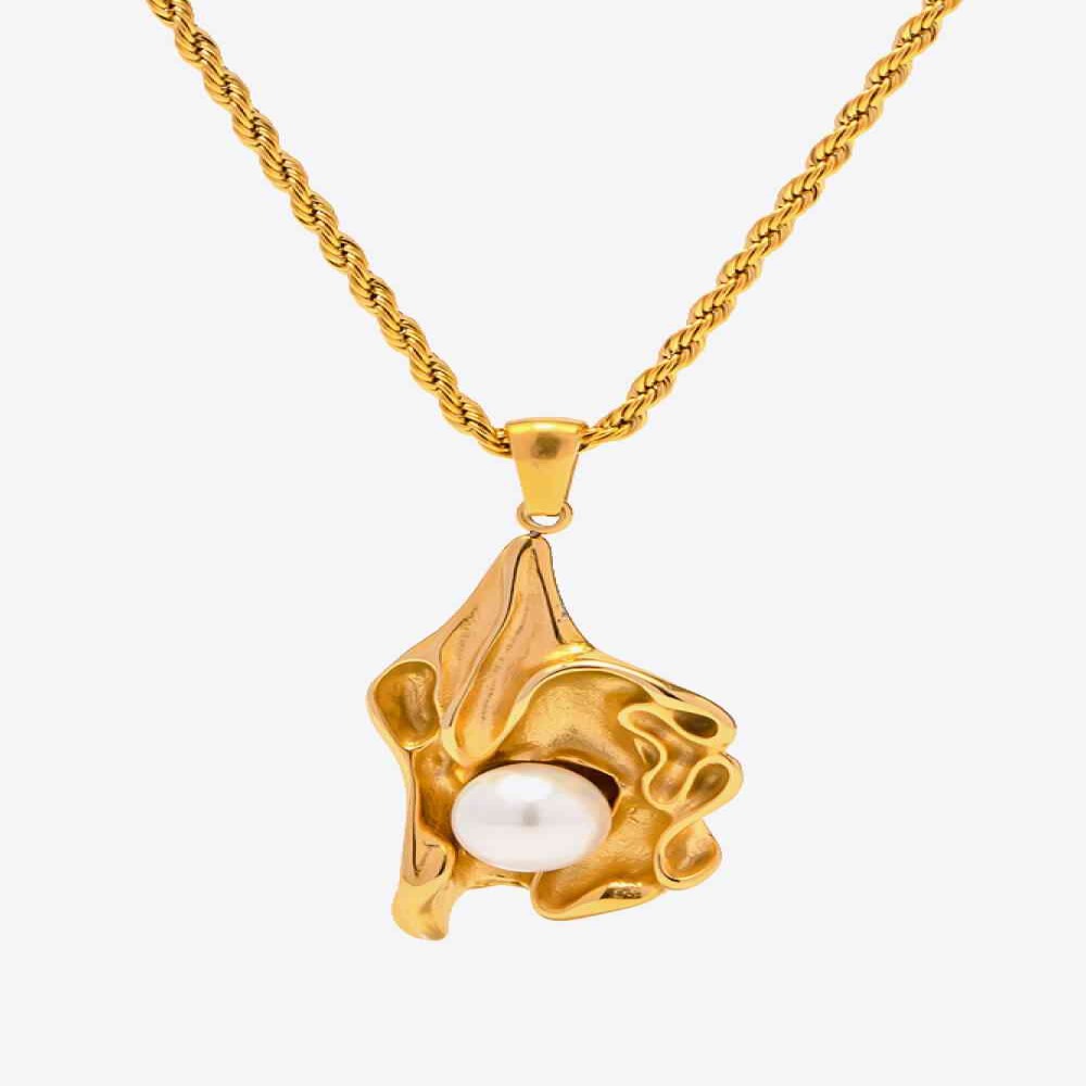 Pearl Trim Pendant Gold Necklace