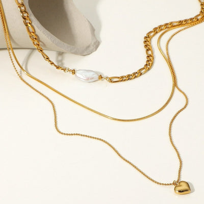 Triple-Layered Gold Heart Pendant Necklace | Best Gold Pearl Jewelry Gift | Best Aesthetic Yellow Gold Pearl Necklace Jewelry Gift for Women, Girls, Girlfriend, Mother, Wife, Daughter | Mason & Madison Co.