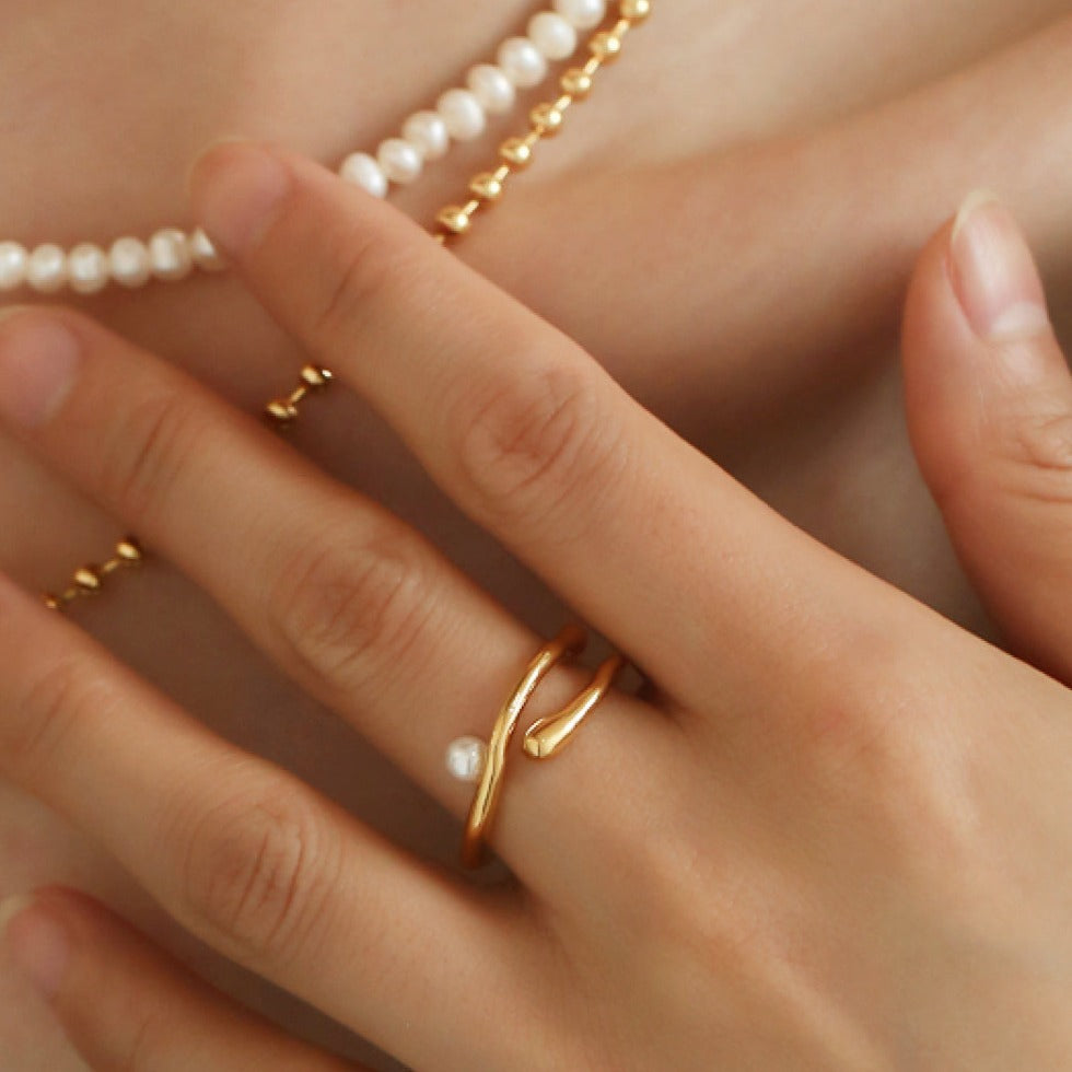 Stackable Rings Set Gold Leaf Ring Gold Pearl Ring Stacking Gold
