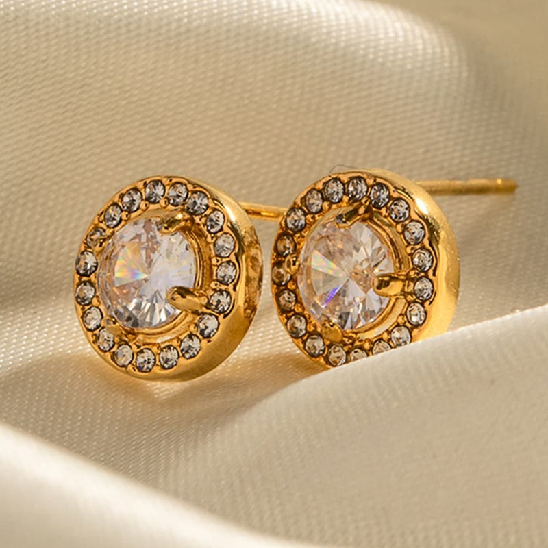 Round Gold Inlaid Diamond Stud Earrings