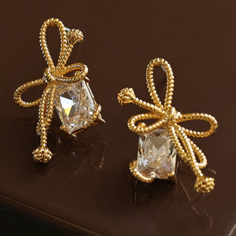 Gold Rope Bow Cubic Diamond Stud Earrings