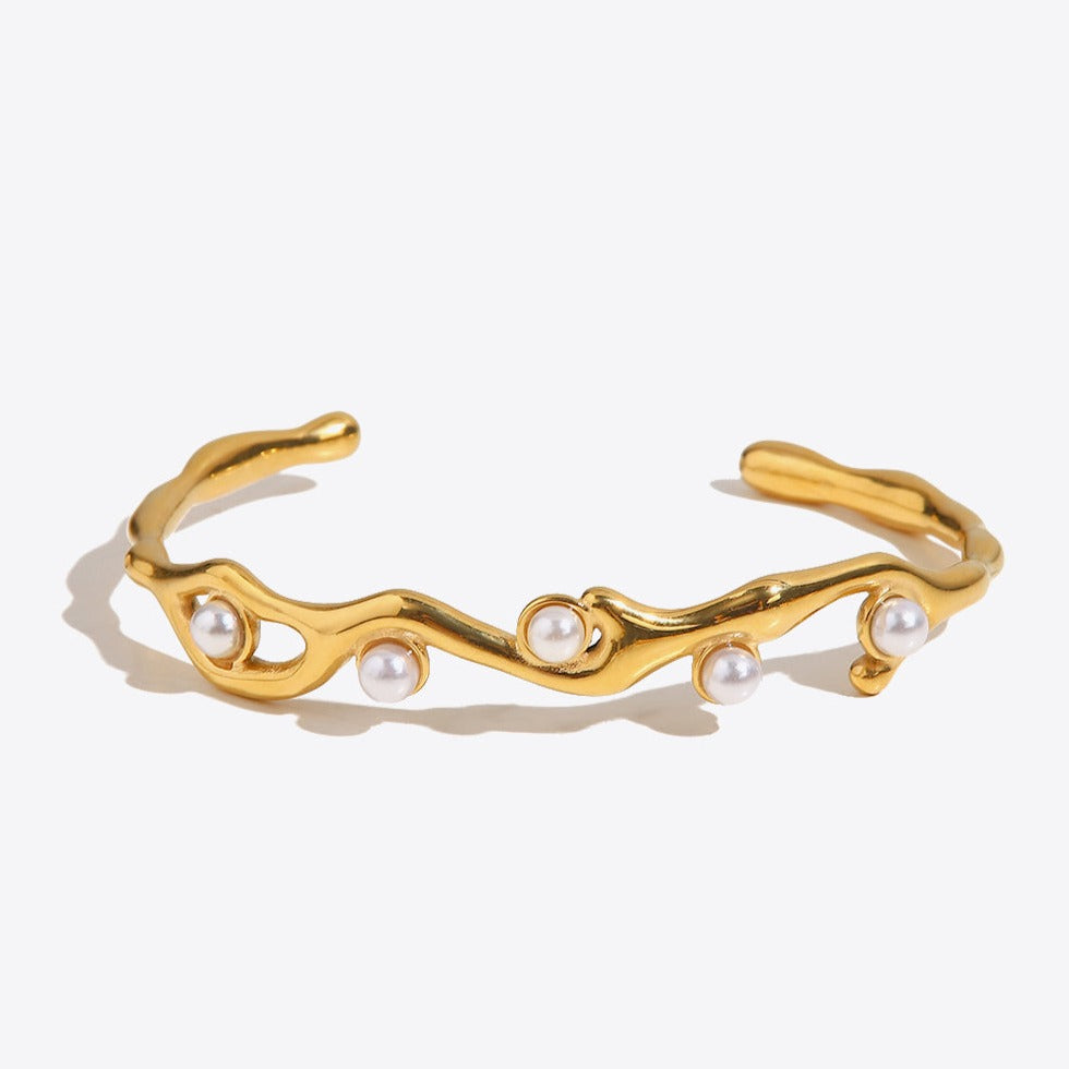 Gold Pearl Open Bangle Bracelet