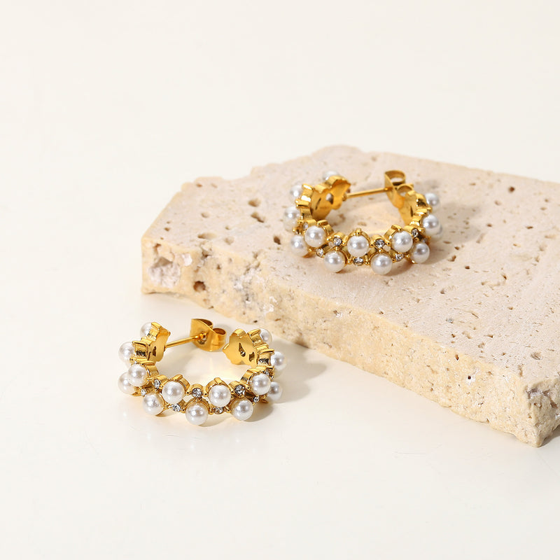 Gold Pearl Diamond C-Hoop Earrings