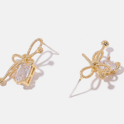 Gold Rope Bow Cubic Diamond Stud Earrings