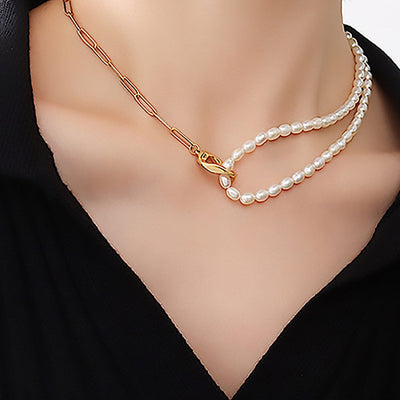 Women's Gold Pearl Chain Necklace, Best Double-Layered Half Pearl Half Gold Chain Necklace For Women Gift, Mason & Madison Co.