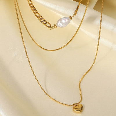 Triple-Layered Gold Heart Pendant Necklace | Best Gold Pearl Jewelry Gift | Best Aesthetic Yellow Gold Pearl Necklace Jewelry Gift for Women, Girls, Girlfriend, Mother, Wife, Daughter | Mason & Madison Co.