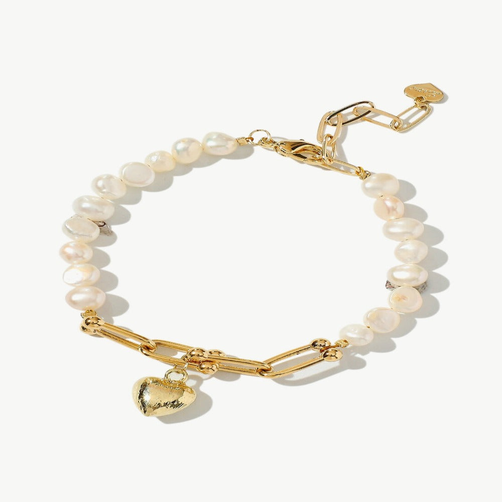 Gold Heart Charm Pearl Bracelet
